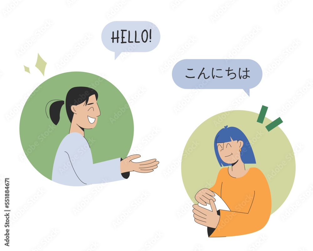 Man and woman communicate in a foreign language in an online chat, Vector stock illustration isolated on white background Man and woman communicate in a foreign language in an online chat, Vector stock illustration isolated on white background