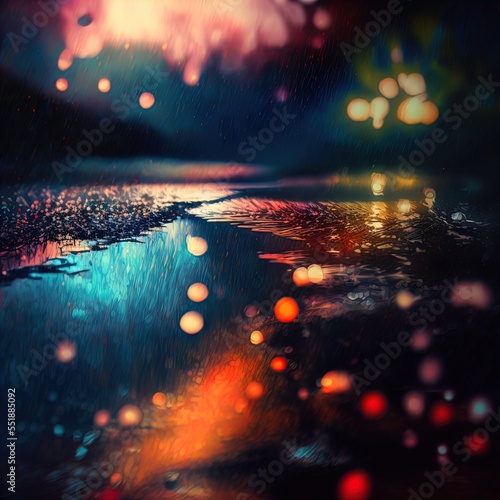 Defocused background of lights and reflections on a road.