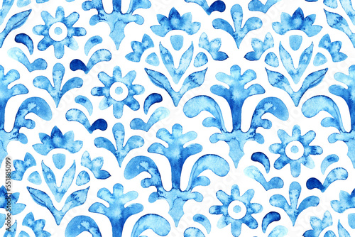 Seamless moroccan pattern. Wavy vintage tile. Blue and white watercolor ornament painted with paint on paper. Handmade. Print for textiles. Set of grunge textures.