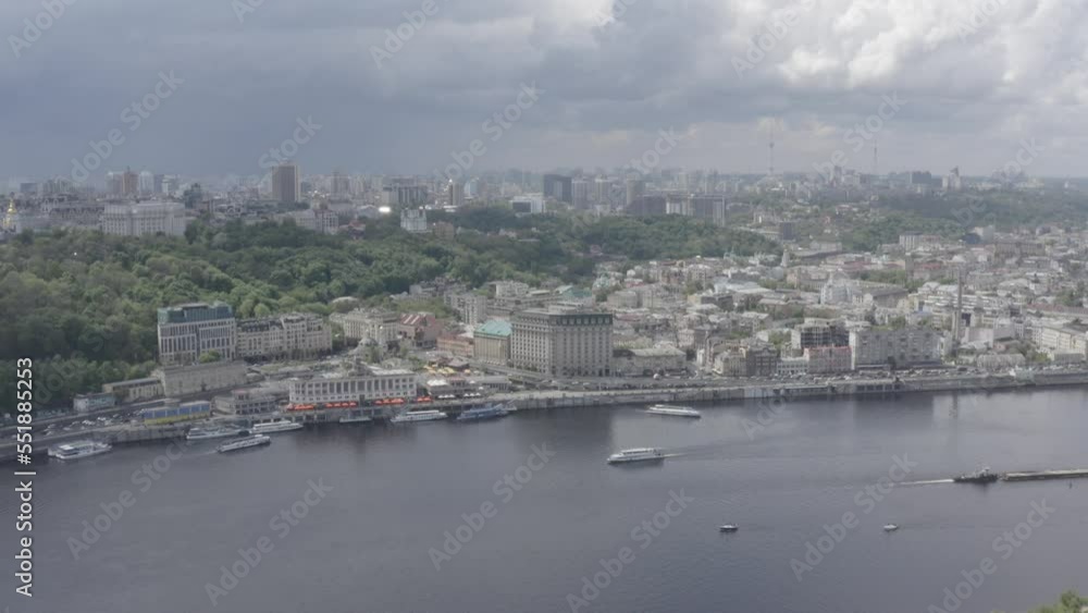 Center of Kyiv. View of Podil. Summer. Dnepr River. Pleasure boats on the river. Aerial. Ukraine Center of Kyiv. View of Podil. Summer. Dnepr River. Pleasure boats on the river. Aerial. Ukraine