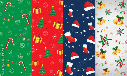 Fondo de navidad, papel tapiz o de regalo navideño con bastones, regalos, árbol de navidad, gorro de santa clous, campanas, copos de nieve y luces de navideñas