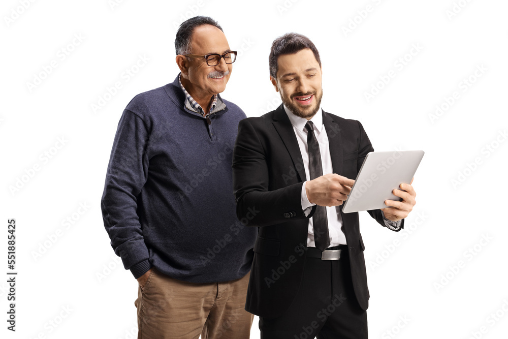 Businessman presenting something to a mature man on a digital tablet
