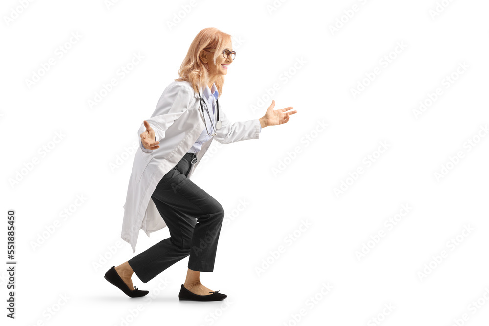 Profile shot of a female doctor waiting to hug somebody Profile shot of a female doctor waiting to hug somebody