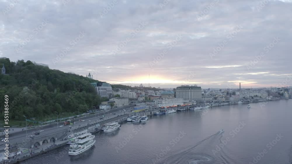 Center of Kyiv. View of Podil. Summer. Dnepr River. Pleasure boats on the river. Aerial. Ukraine Center of Kyiv. View of Podil. Summer. Dnepr River. Pleasure boats on the river. Aerial. Ukraine
