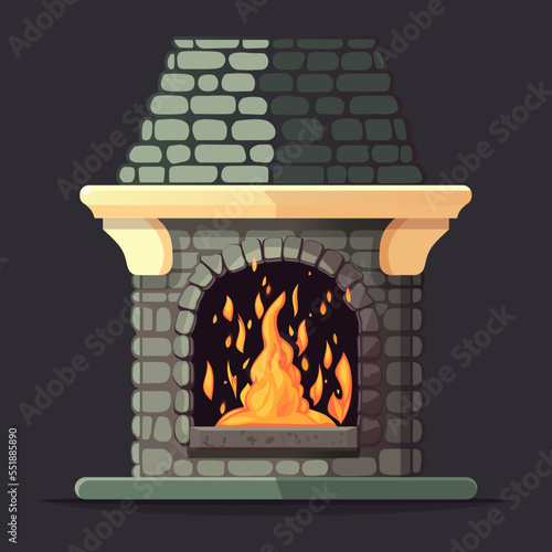 Bright fire glowing in a vintage stone fireplace. Vector illustration