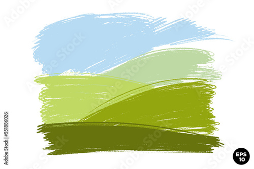 Wax crayon naive hand drawn grass meadow hills with blue sky. Vector pastel chalk background banner. Horizontal landscape colorful backdrop.