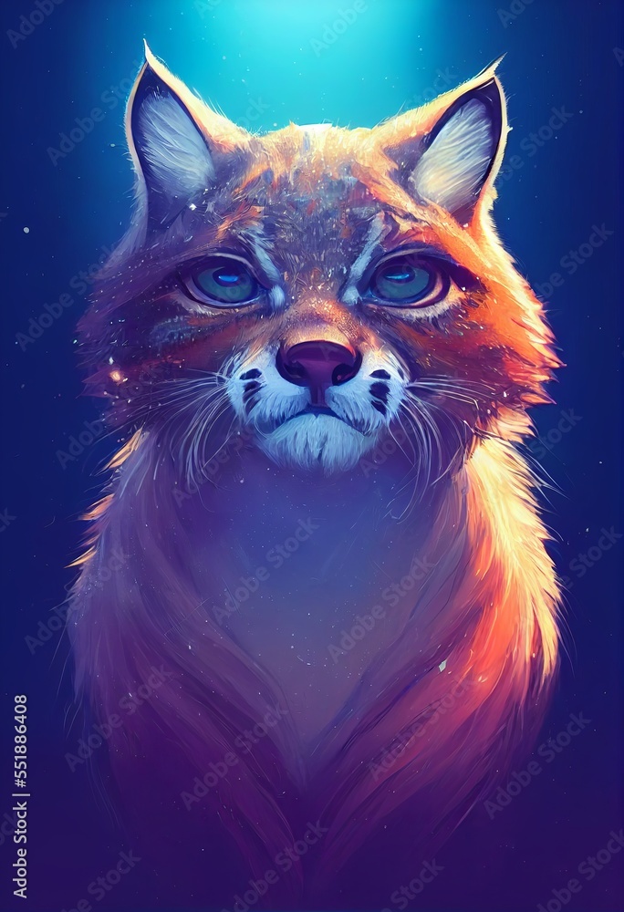 Funny adorable portrait headshot of cute bobcat. North American land animal standing facing front. Looking towards camera. Mystery light bobcat art illustration. Vertical artistic poster.
