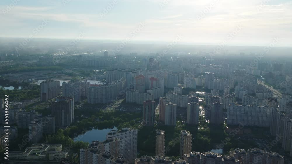 Osokorky district. Dawn. Modern building. High buildings. Dense buildings.Aerial. Ukraine. Kyiv. Osokorky district. Dawn. Modern building. High buildings. Dense buildings.Aerial. Ukraine. Kyiv.
