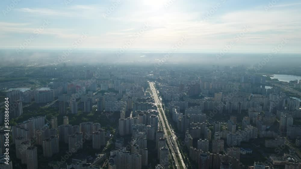 Osokorky district. Dawn. Modern building. High buildings. Dense buildings.Aerial. Ukraine. Kyiv. Osokorky district. Dawn. Modern building. High buildings. Dense buildings.Aerial. Ukraine. Kyiv.