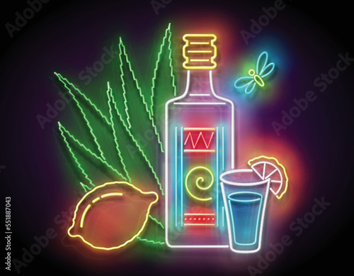 Glow bottle of Mexican tequila, shot, lemon. Traditional ethnic alcoholic drink. Neon Light Poster, Flyer, Banner, Signboard. Glossy Background. Vector 3d Illustration