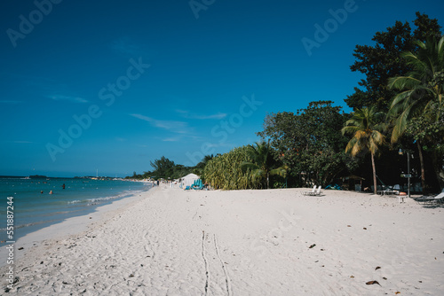 Fototapeta Naklejka Na Ścianę i Meble -  Tropical beach island paradise landscape in Nigril, Jamaica, with bright blue sky, white sand beach, palm trees, and parasols