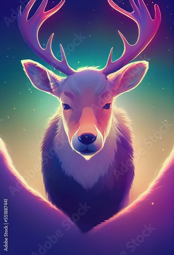 Cartoon portrait headshot of mountain caribou . North American land animal standing facing front. Canadian deer looking towards camera. Mystery light art illustration. Vertical artistic poster.