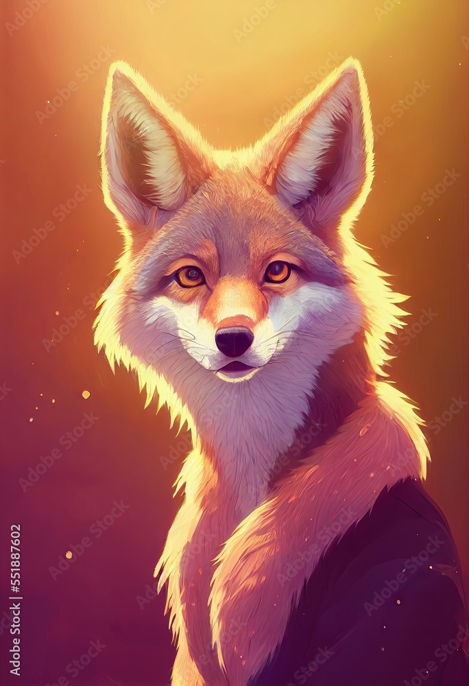 Adorable cartoon portrait headshot of cute coyote. North American land animal standing facing front. Looking towards camera. Mystery light art illustration. Vertical artistic poster.