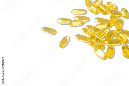 Close-up transparent golden medical pills png. Omega 3 capsules