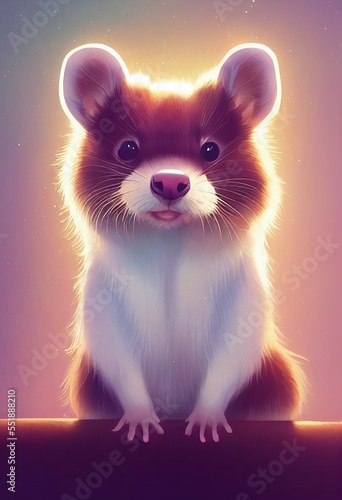 Funny adorable portrait headshot of cute ferret. North American land animal standing facing front. Looking towards camera. Mystery light art illustration. Vertical artistic poster.