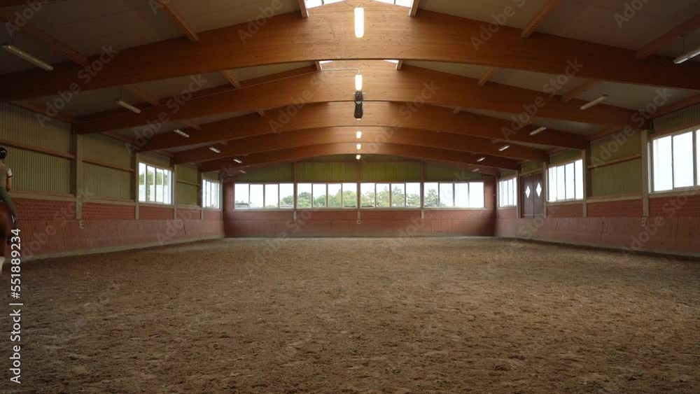 Girl Riding Dressage Horse Running At Indoor Riding Arena. - wide Girl Riding Dressage Horse Running At Indoor Riding Arena. - wide