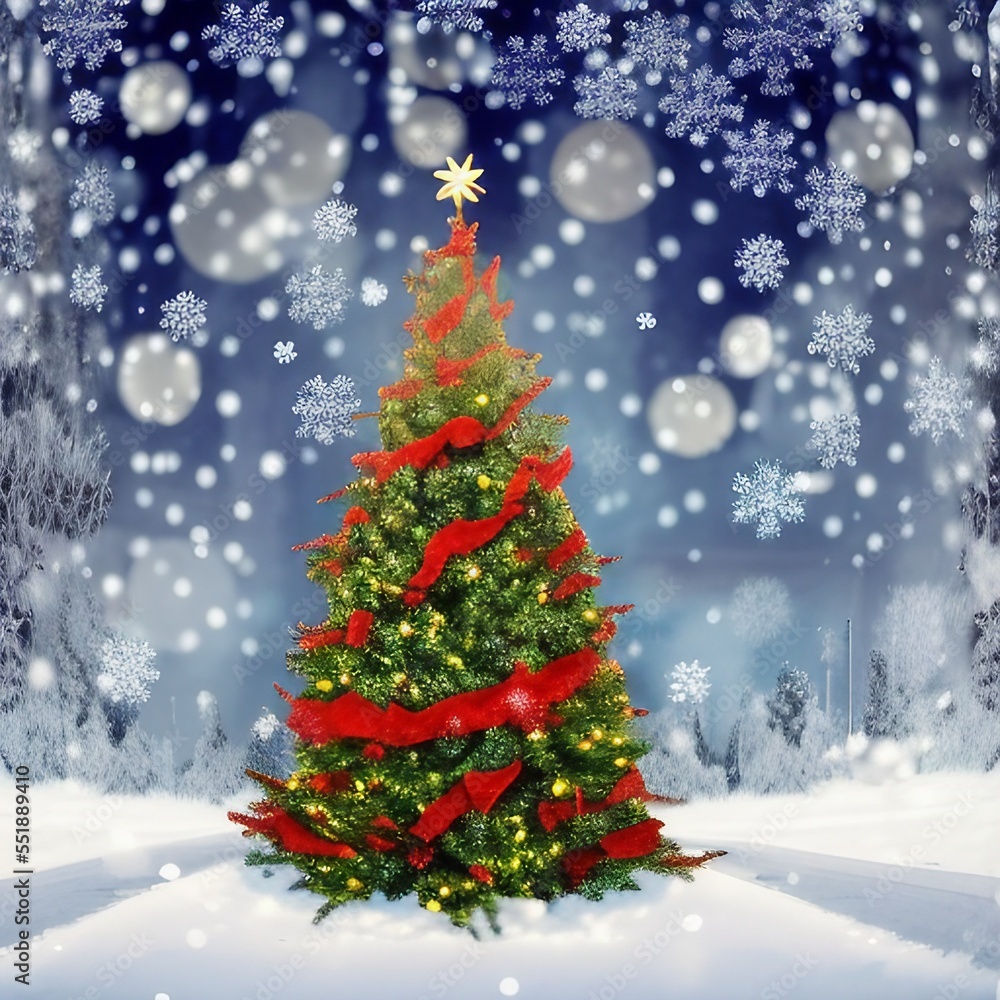 Obraz premium christmas tree snowflakes snowing bokeh winter wonderland