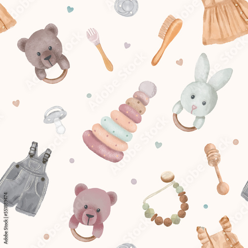 Baby shower watercolor seamless pattern. Blue and pink toys and clothes.