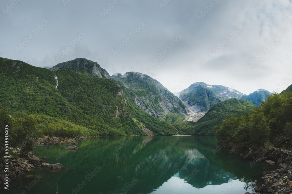 View of glacier lake in Norway, Bondhusvatnet near Buerbreen