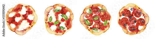 Italian traditional small pizza fritta with mozzarella, basil, pepperoni and tomatoes. Watercolor hand painted illustration isolated on white background for menu design, print, social media.
