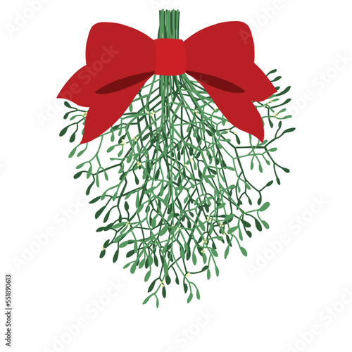 Christmas decoration of hanging mistletoe with red bow vector. Transparent Christmas png of fun romantic holiday design for party invitations. Floral Christmas sketch of green leaves and ribbon decor