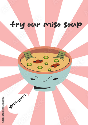 Try our miso soup Flyer poster design with korean miso mushroom soup food. Vector stock illustration on white pink background. Flat style