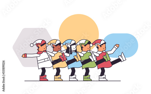 mix race elves having fun santa helpers team celebrating happy new year merry christmas holidays greeting card