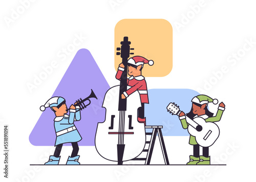 elves in uniform with musical instruments santa helpers team playing guitar and trumpet happy new year christmas holidays celebration