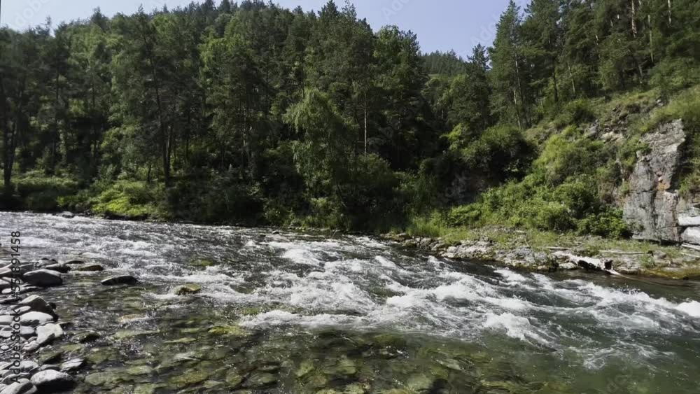 A stormy water flow of a mountain river with a rocky shore in the middle of the forest. High quality 4k footage A stormy water flow of a mountain river with a rocky shore in the middle of the forest. High quality 4k footage