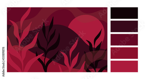Minimal landscape mountain background. Viva magenta trending color palette of 2023.