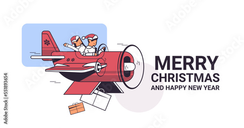 elves flying airplane with gifts merry christmas happy new year winter holidays celebration concept