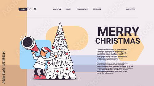 elf shouting in megaphone santa helper making announcement new year and christmas holidays celebration