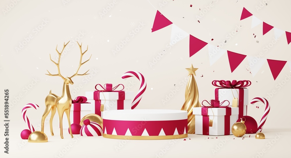 Christmas backgrounds with podium stage platform in minimal New year event theme. Merry Christmas scene for product display mock up banner. Empty stand pedestal decor in Xmas winter scene. 3D render