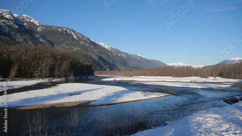 Winter landscape of the Eagle Run dike in Brackendale, Squamish, British Columbia, Canada