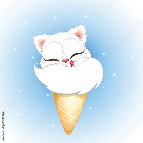 Cute white sleeping cat licking his lips in ice cream cone under winter snowfall