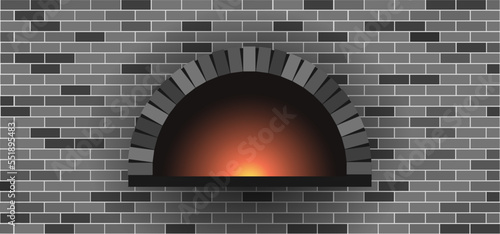 Stone brick pizzeria pizza oven. Firewood hot fired oven. Fire bakery, baker bread food.  Vector pizza cooker maker. Wood, wooden or stone kitchen for baked dough. Firebrick, fireplace BBQ or grill.