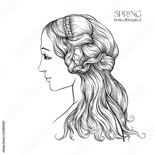 Portrait of a woman inspired by a painting by Renaissance artist Botticelli. Outline hand drawing vector illustration.