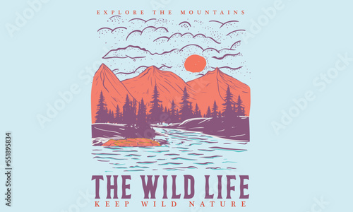Mountain river vector graphic artwork. Adventure vintage print design for t shirt and others. National park graphic artwork for sticker, poster , background and others. 