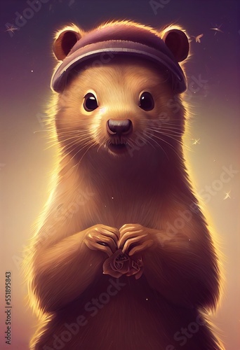 Funny adorable portrait headshot of cute groundhog. North American land animal standing facing front. Looking towards camera. Mystery light art illustration. Vertical artistic poster.