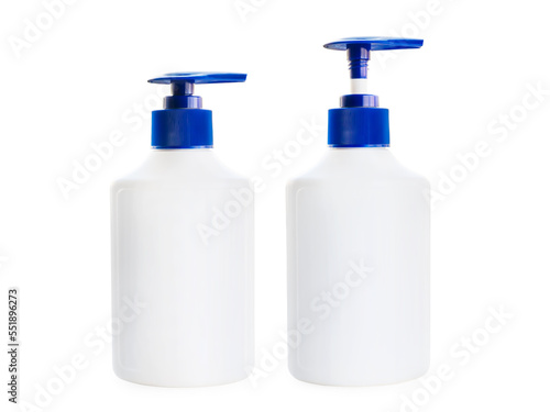 Obraz na płótnie Two white bottle of liquid soap with a blue pump dispensers. Open and closed position. Isolated png with transparency w salonie