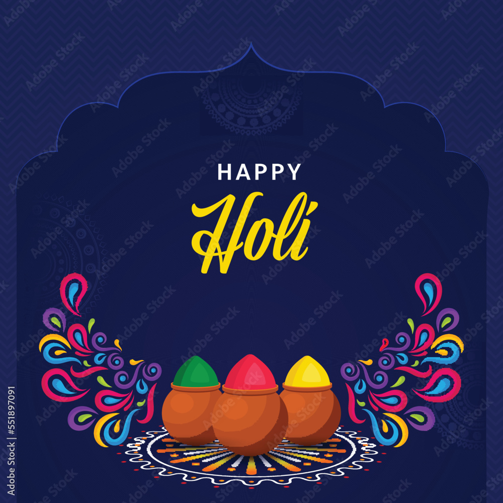 Clay Pots Full Of Color Powder (Gulal) Over Rangoli And Colorful Arc Drops On Blue Background For Happy Holi Celebration. Clay Pots Full Of Color Powder (Gulal) Over Rangoli And Colorful Arc Drops On Blue Background For Happy Holi Celebration.