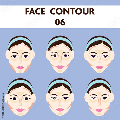 Contour According To Female Face Shape 06 Icons Set On Blue Background.