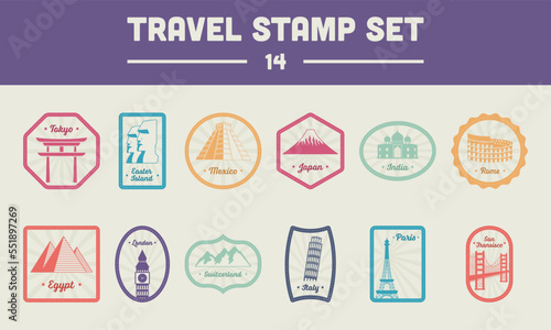 Colorful Collection Of Country Or City Travel Stamps With Monuments In Frame.