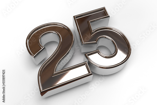 Isolated Top View of Logo of 25, Silver Jubilee Anniversary. Gold Metallic 3D Render Illustration.