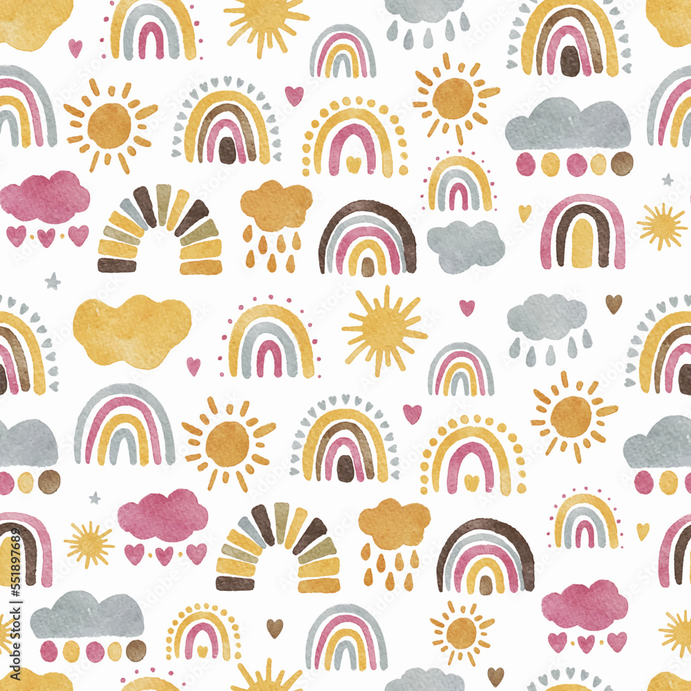 Kids Whimsical boho rainbow pattern with modern pastel rainbows, sun and clouds. Baby boho background vector seamles pattern. Kids Whimsical boho rainbow pattern with modern pastel rainbows, sun and clouds. Baby boho background vector seamles pattern.