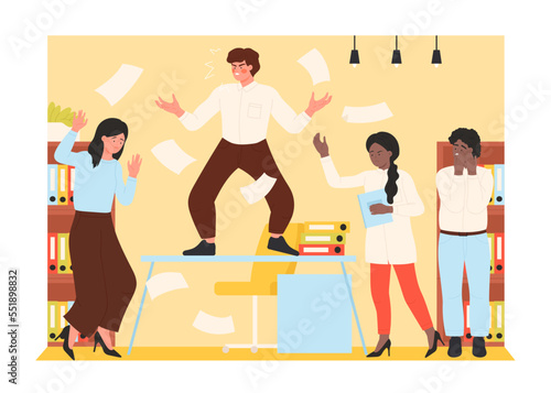 Mess and chaos in office, business problems and poor work organization vector illustration. Cartoon busy angry businessman standing on desk with pile of documents, messy workplace of managers
