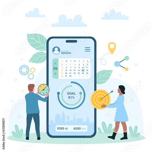 Fitness mobile app vector illustration. Cartoon tiny people work with training schedule in calendar, data about health from tracker application on phone screen, online service to manage workout