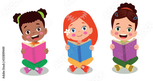 Set icons of small children reading a book