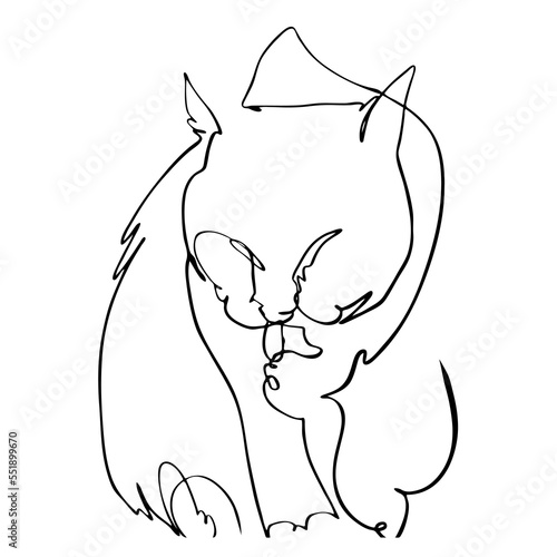 Cat washes licking paw. Black kitty portrait drawn in ink, vector illustration, quick sketch. Symbol of 2023 according to the Chinese calendar, line art