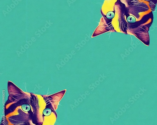 Cats around the corners on green background illustration